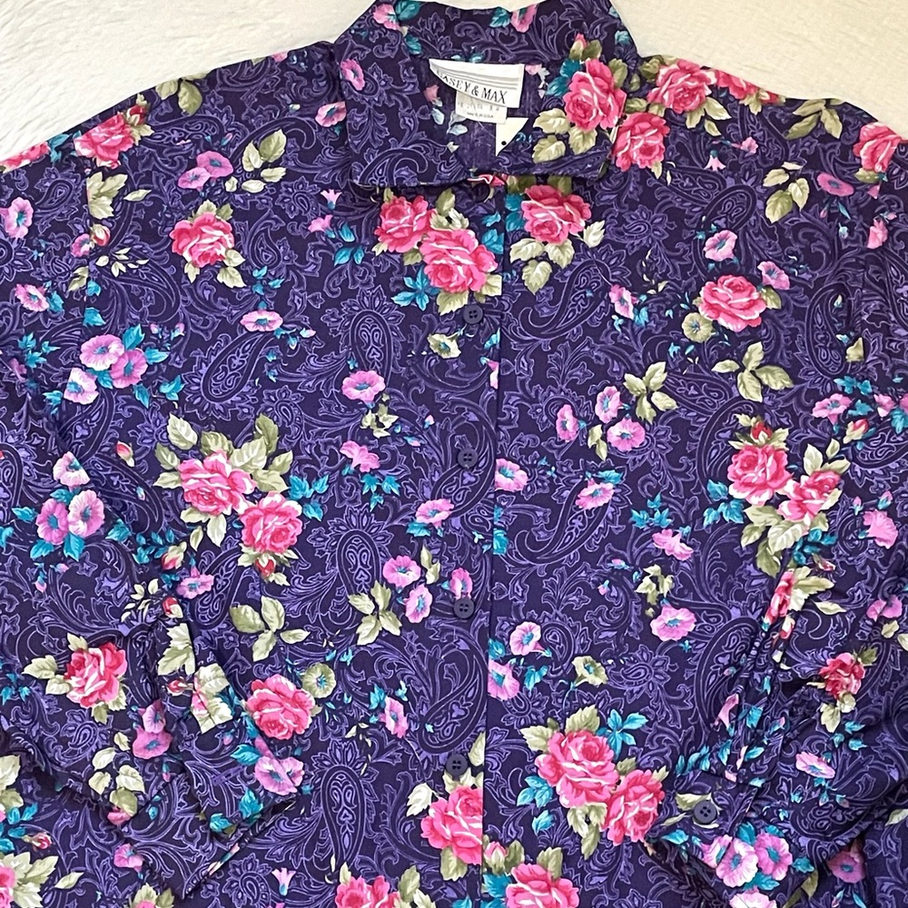 Vintage Deadstock Casey & Max pink floral print purple paisley long sleeve top